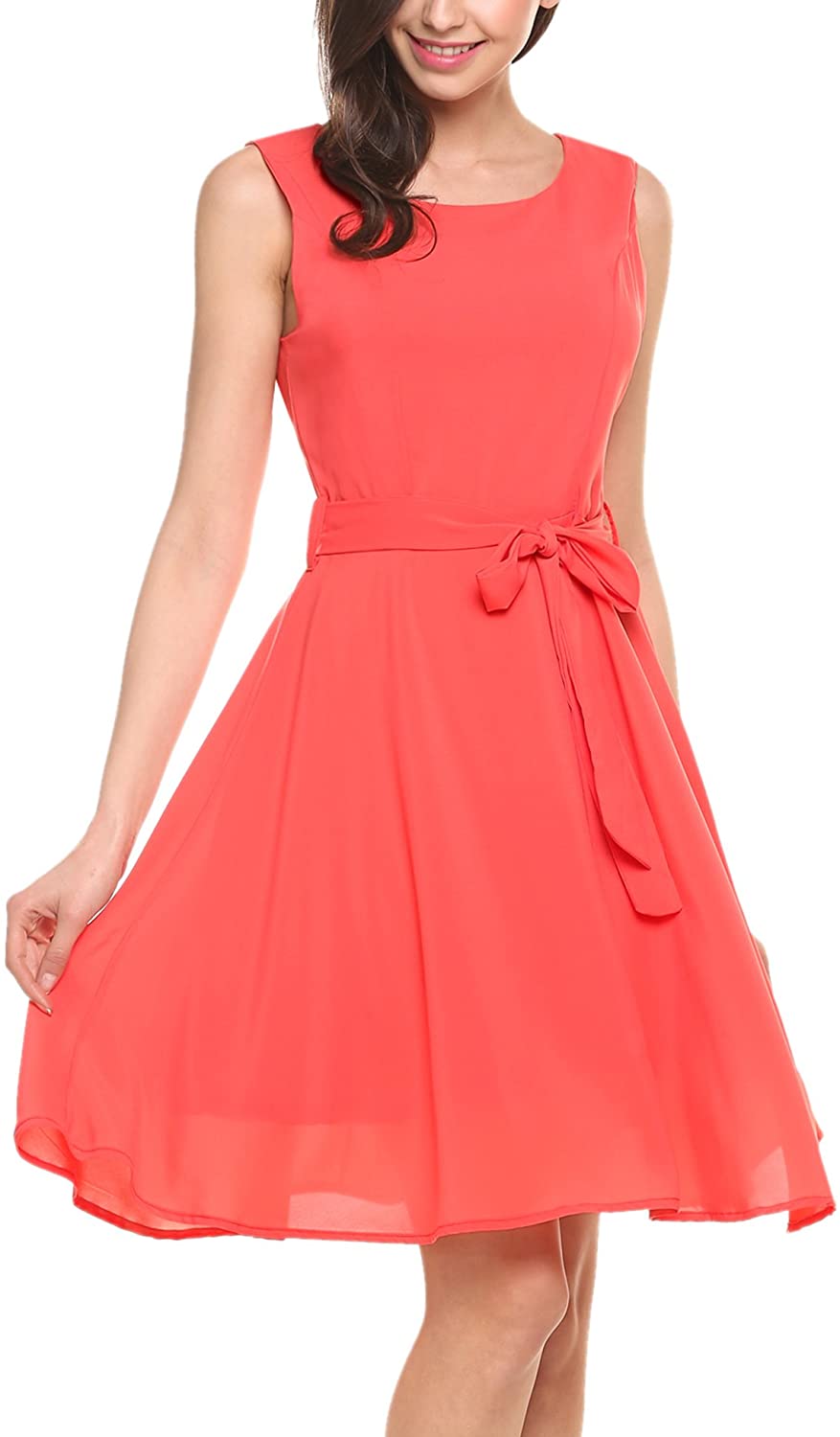 Price:$17.99    Zeagoo Women's Round Neck Sleeveless Chiffon Midi Dresses(Orange,XL)  Clothing