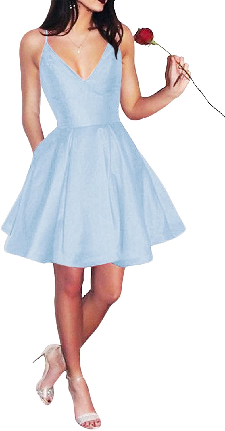 Price:$46.89    Yangprom Women's Short Spaghetti Straps V-Neck A-Line Homecoming Dress With Pockets 14 Blue  Clothing