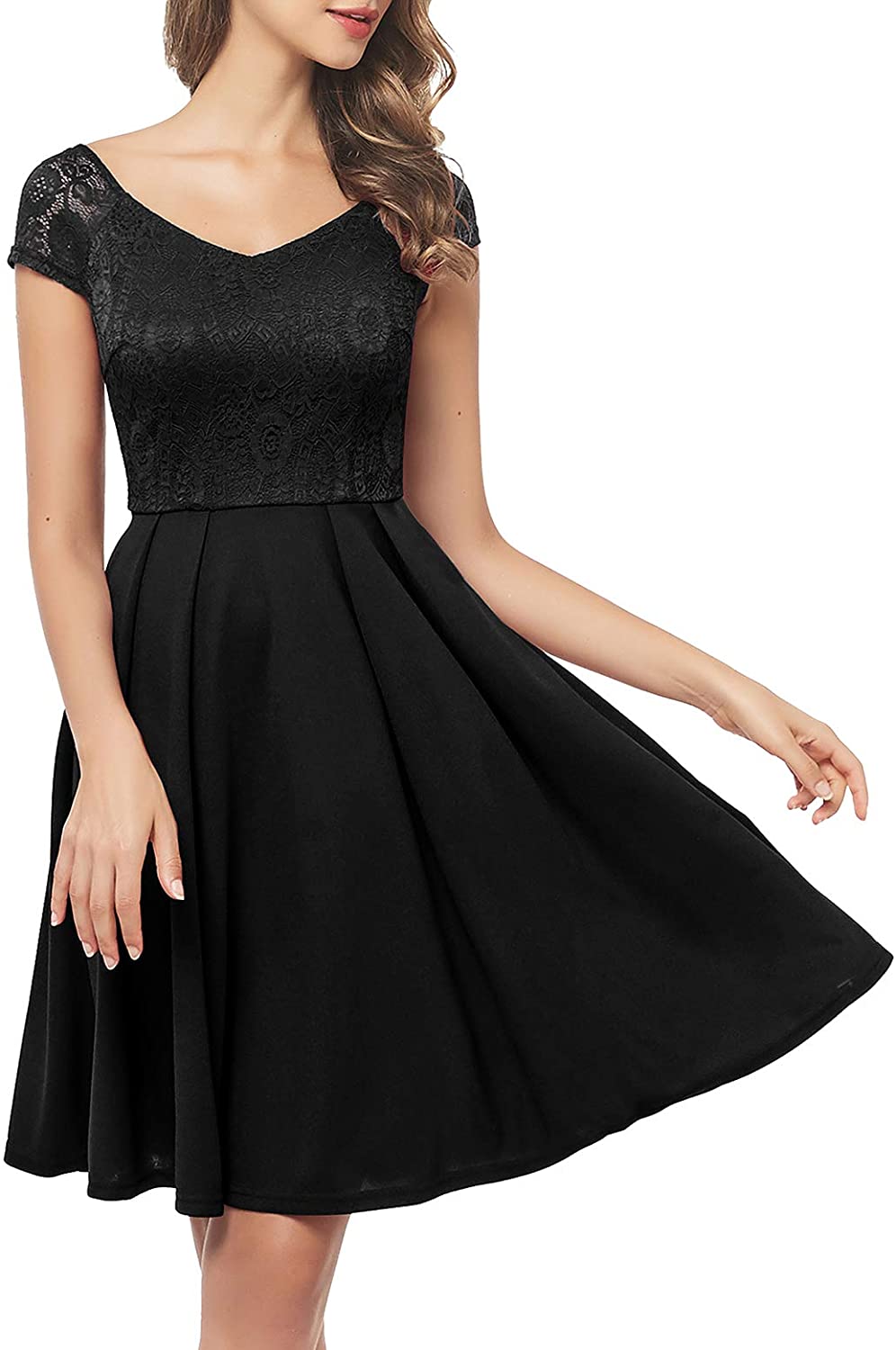 Price:$20.99 Bbonlinedress Women Vintage Floral Lace Cocktail Prom Dress Bridesmaid Party Dress Sheer Cap Sleeve V-Neck at Amazon Women’s Clothing store