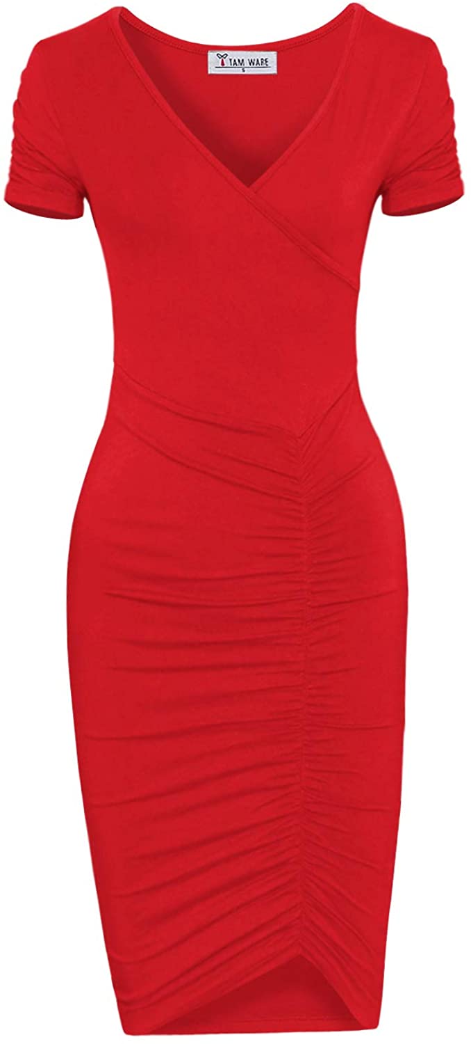 Price:$19.99    TAM WARE Womens Fashionable V Neck Short Sleeve Ruched Dress TWCWD119-RED-US L  Clothing