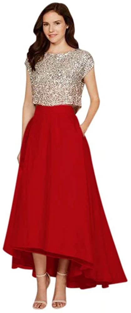 Price:$85.00    QueenBridal Women's Two Pieces Hi-Lo Sequins Homecoming Dress Prom Gown Bridesmaid Dress with Pocket QB904 Red  Clothing