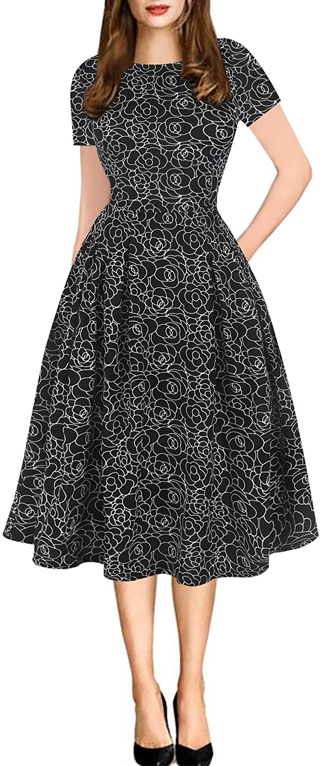 Price:$27.99 Sakaly Women's Vintage Floral Printed Bridesmaid Party Midi A-line Dress with Pockets SK165 (M, Black CF) at Amazon Women’s Clothing store