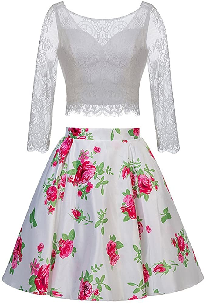 Price:$9.99    TANGFUTI Two Piece Homecoming Dress Short Lace Floral Half Sleeves Prom Graduation Gowns  Clothing