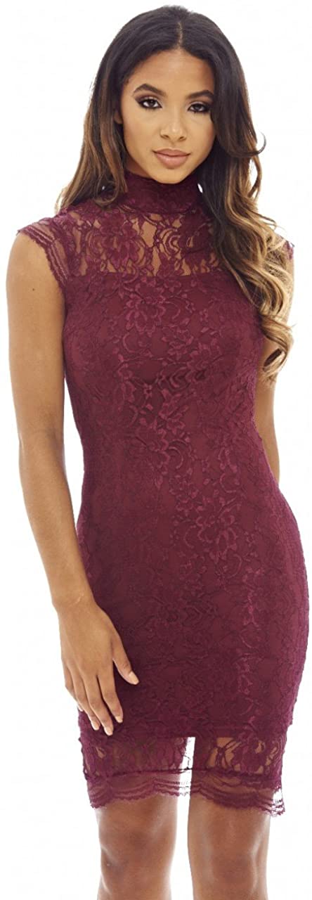 Price:$34.95    AX Paris Women's High Neck Capped Sleeve lace Bodycon Dress(Plum, Size 6)  Clothing