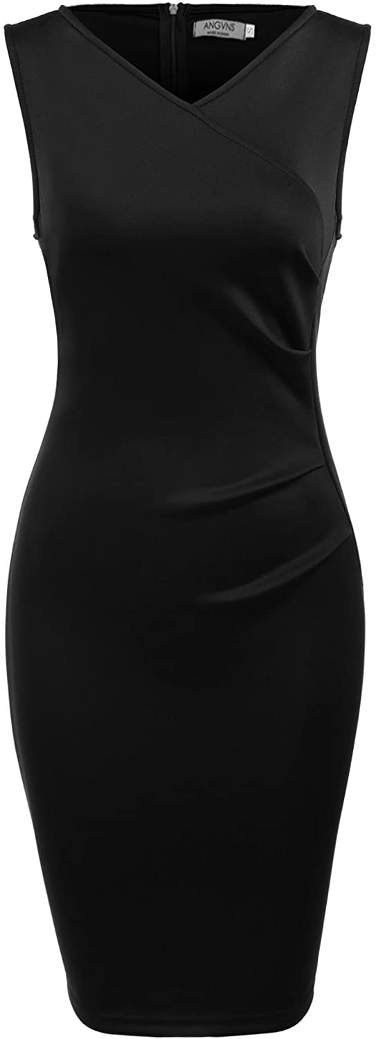 Price:$23.99 Sohune Women V Neck Sleeveless Elegant Pleated Party Pencil Dress at Amazon Women’s Clothing store