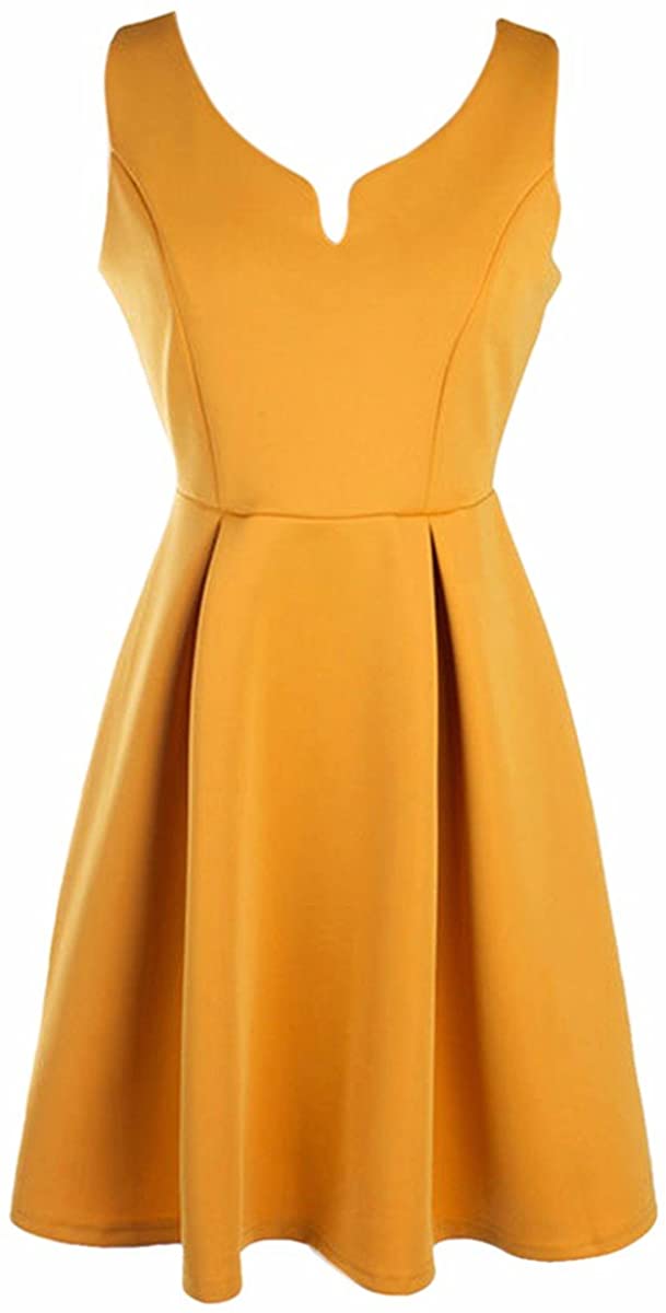 Price:$14.99    Samtree Women's Solid Color V Neck Pleated Sleeveless Thick Fit and Flare Dress(S fit US 8,Yellow)  Clothing