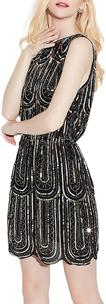 Price:$132.60 Exlura Vintage Cocktail Party Dress 1920's Gatsby Beaded Sequin Little Black Dress(M, Black) at Amazon Women’s Clothing store