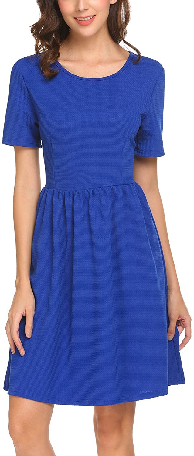 Price:$3.99 SE MIU Women Casual Short Sleeve Fit and Flare Pleated Business Knee Length Dress at Amazon Women’s Clothing store