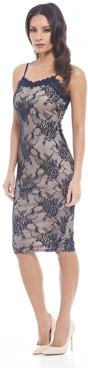 Price:$29.95    AX Paris Women's High Front Lace Midi Dress(Navy Beige, Size 6)  Clothing