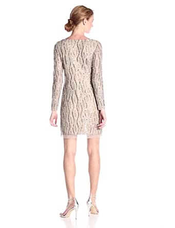 Price:$240.04    Adrianna Papell Women's Long Sleeve Beaded Cocktail Dress, Silver/Nude, 8  Clothing