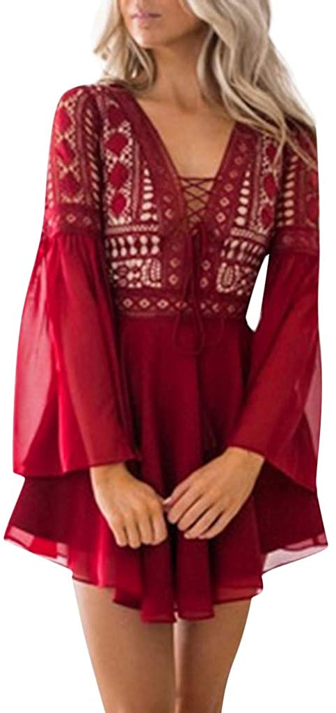 Price:$13.79    Women Lace Bell Long Sleeve V Neck Hollow Out Crisscross Ruffles Hem Cocktail Mini Dress (M, Red)  Clothing