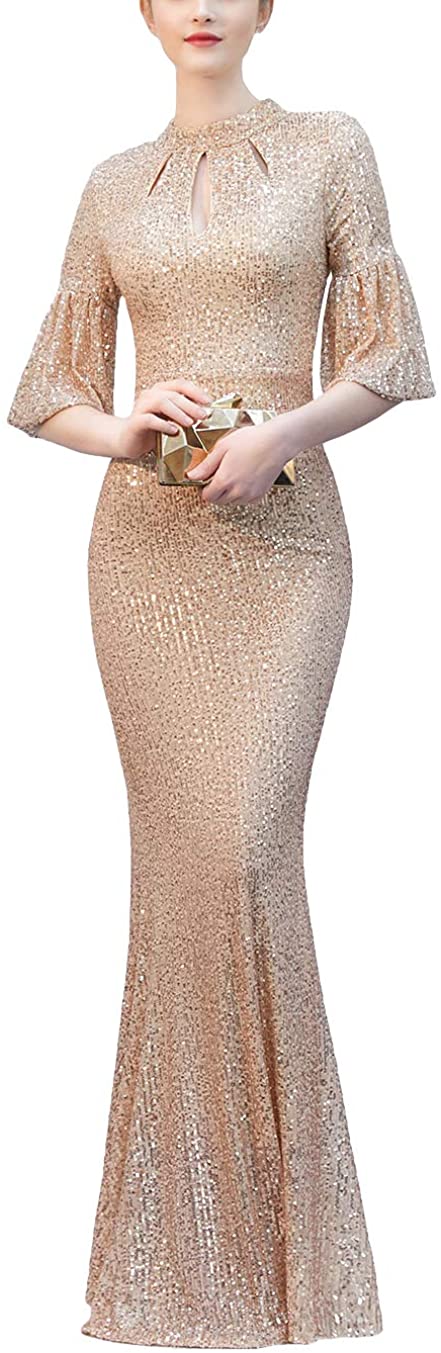Price:$70.99    Chowsir Women Sequin Glitter Dress Cocktail Party Evening Prom Long Dresses Bodycon (Small, Champagne)  Clothing