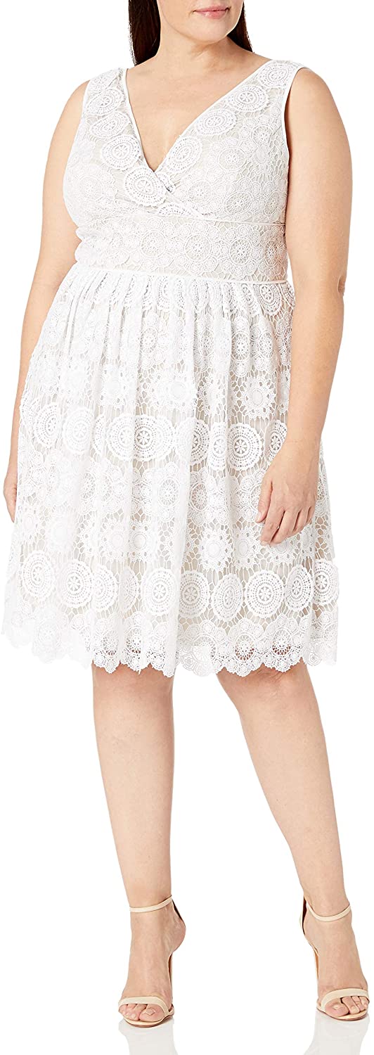Price:$146.57    Adrianna Papell Women's Size Plus Deep Vneck Fit and Flare Medallion Lace  Clothing