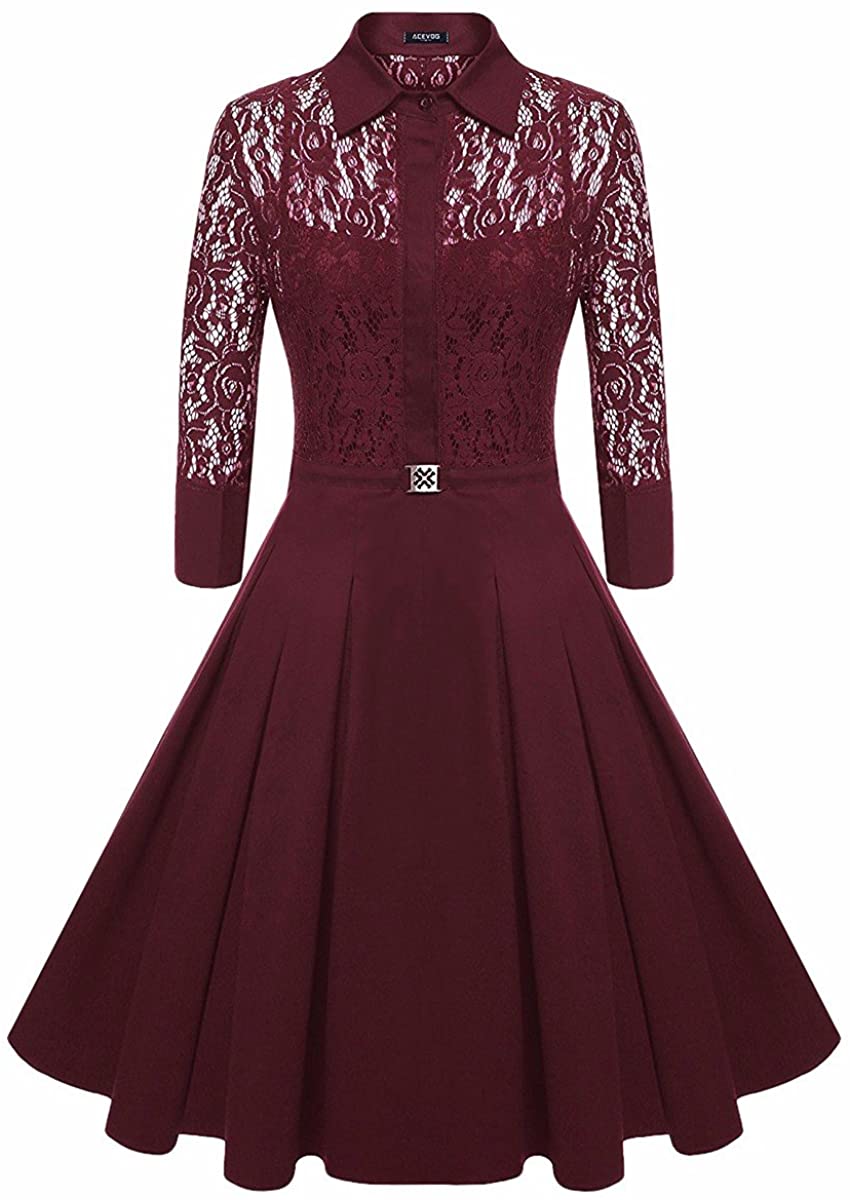 Price:$19.99    Samtree Women's Vintage 1950s Style 3/4 Sleeve A-line V Neck Cocktail Party Lace Swing Dress(M(US 6-8),Wine Red)  Clothing