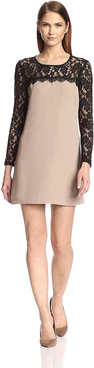 Price:$26.48    SOCIETY NEW YORK Women's Long Sleeve Lace Yoke Dress, Mocha/Black, M  Clothing