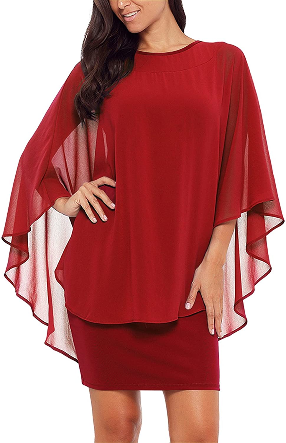 Price:$27.99    Alinemyer Womens Chiffon Round Neck Cocktail Party Overlay Midi Dress Red M  Clothing