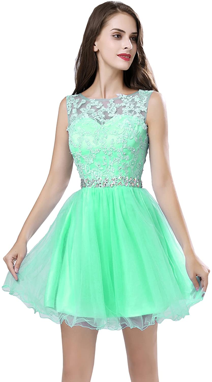 Price:$15.99 Belle House Short Sheer Neck Beaded Prom Homecoming Dresses for Juniors and Seniors at Amazon Women’s Clothing store