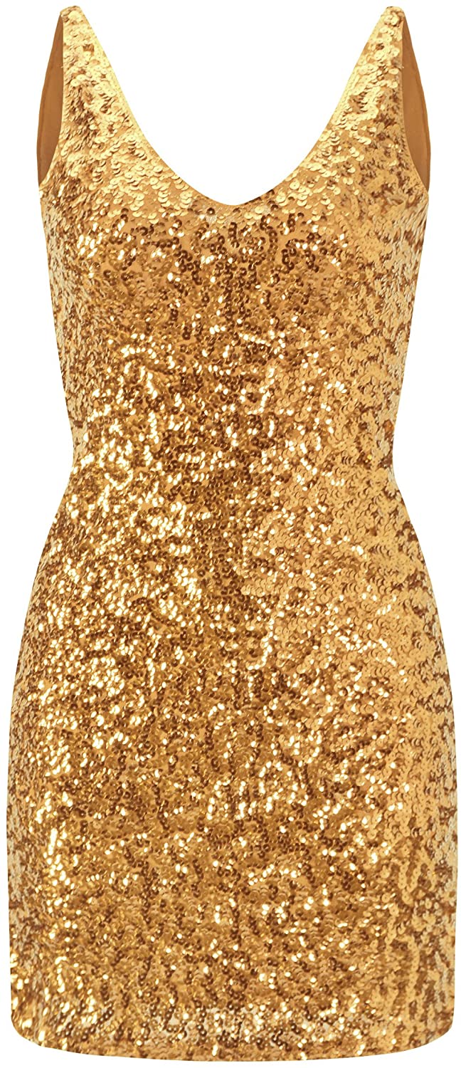 Price:$24.99    Howriis Women's Sequins Sleeveless V-Neck Mini Dresses (One Size, Gold)  Clothing