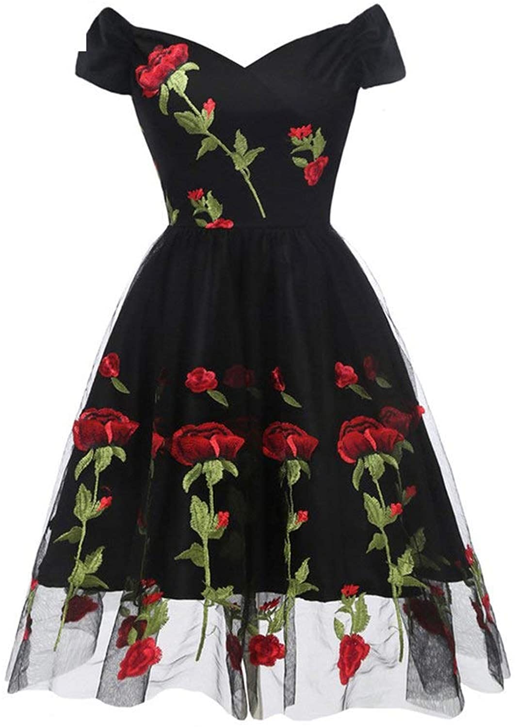 Price:$40.99    Rose Flower Embroidery V Neck Elegant Dress Mesh Overlay Floral White Vintage Party Dress  Clothing