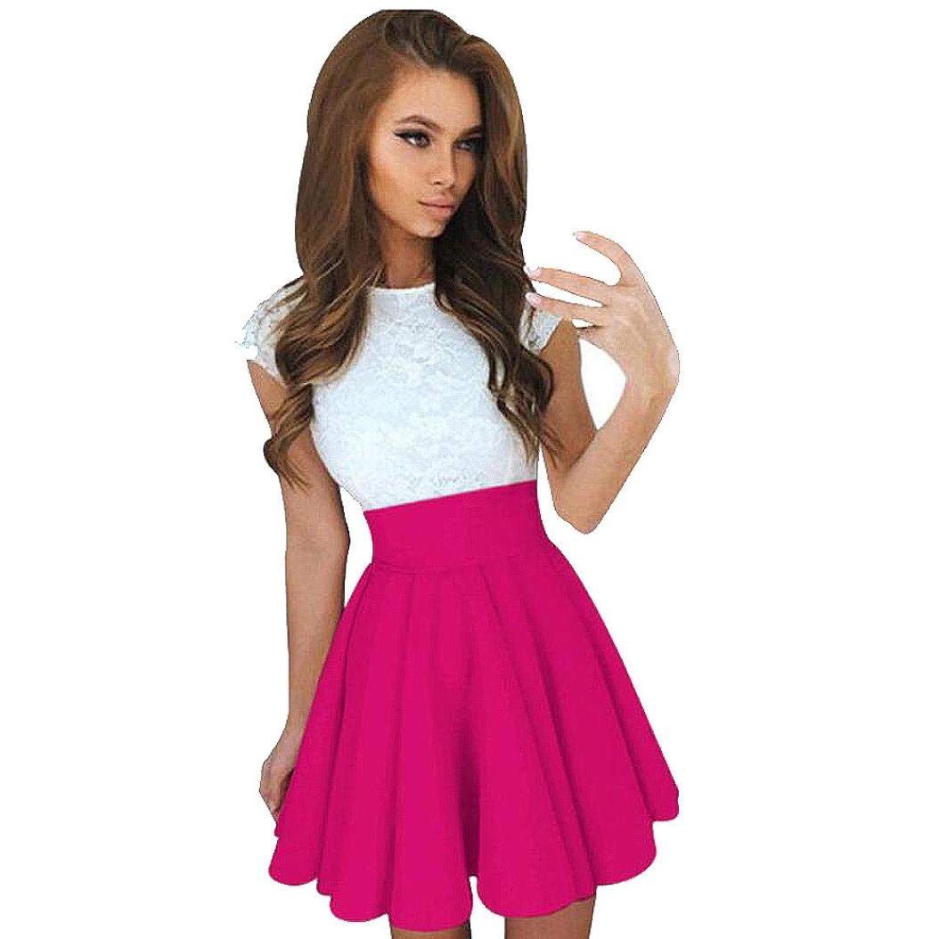 Price:$8.79    Lace Party Cocktail Mini Dress Ladies Summer Short Sleeve Skater Dresses (M, Hot Pink)  Clothing