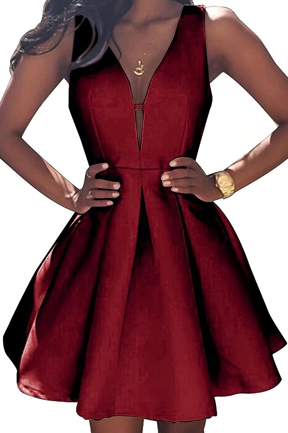 Price:$66.99    YORFORMALS Women's V-Neck A-line Satin Evening Prom Dress Short Formal Party Ball Gown with Ruched Skirt Size 2 Burgundy  Clothing