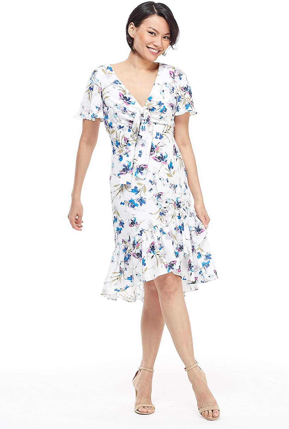 Price:$79.00    Maggy London Womens's Rachel Ruffle 10 White Blue  Clothing
