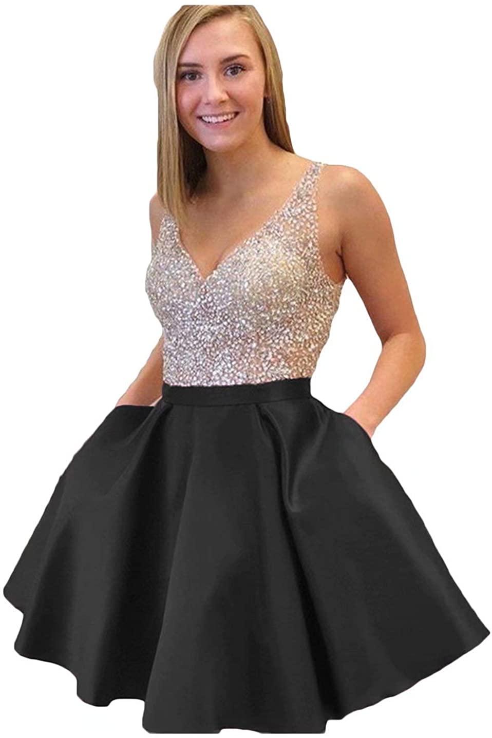 Price:$89.99    HerDress Womens Prom Dress Short 2020 Satin A Line Homecoming Dress With Pockets  Clothing