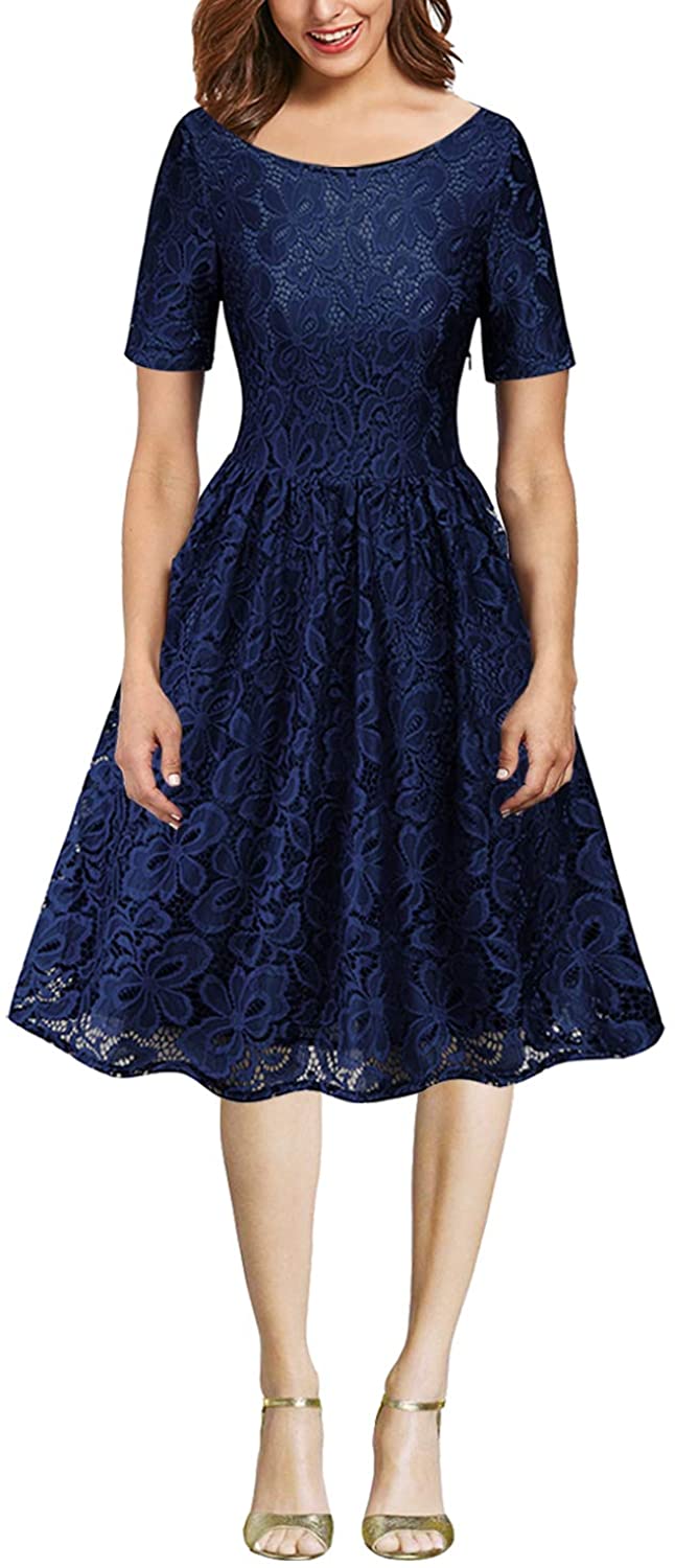 Price:$48.90    Women's Short Sleeve Vintage Elegant Floral Lace Cocktail Prom Dress (Dark Blue, Medium)  Clothing