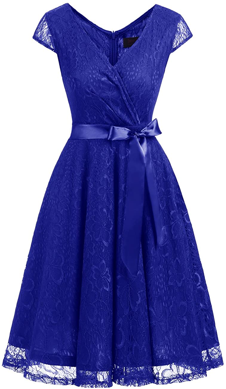 Price:$15.99    DRESSTELLS Women's Bridesmaid V Neck Ruched Dress Floral Lace Cocktail Dresses with Belt  Clothing