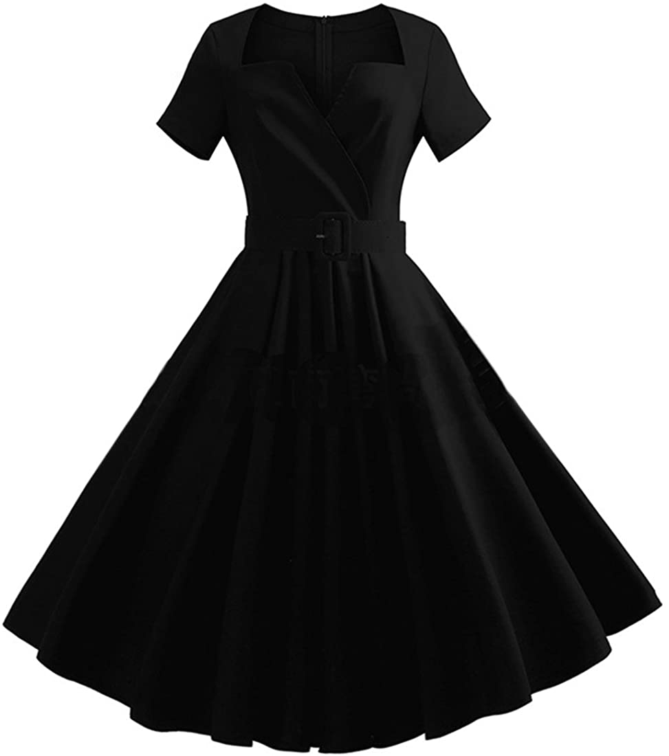Price:$25.99 Ez-sofei Women's Vintage 1950s Short Sleeve Belt Cocktail Swing Dress Plus Size at Amazon Women’s Clothing store