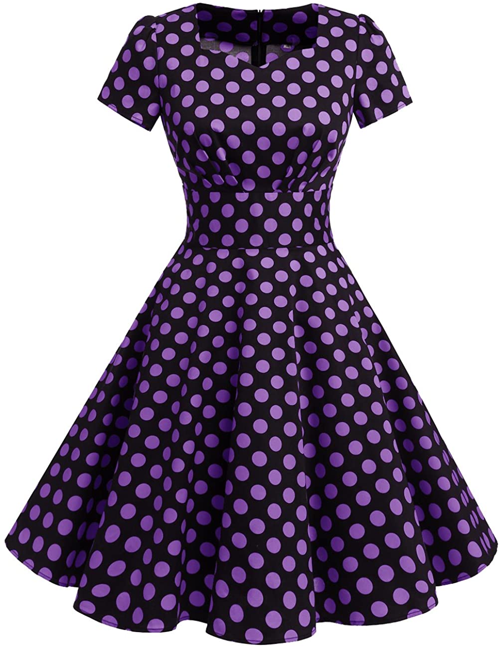 Price:$28.99    DRESSTELLS Vintage 1950s Solid Color Prom Dresses Short Sleeved Retro Audery Swing Dress Black Purple Dot S  Clothing