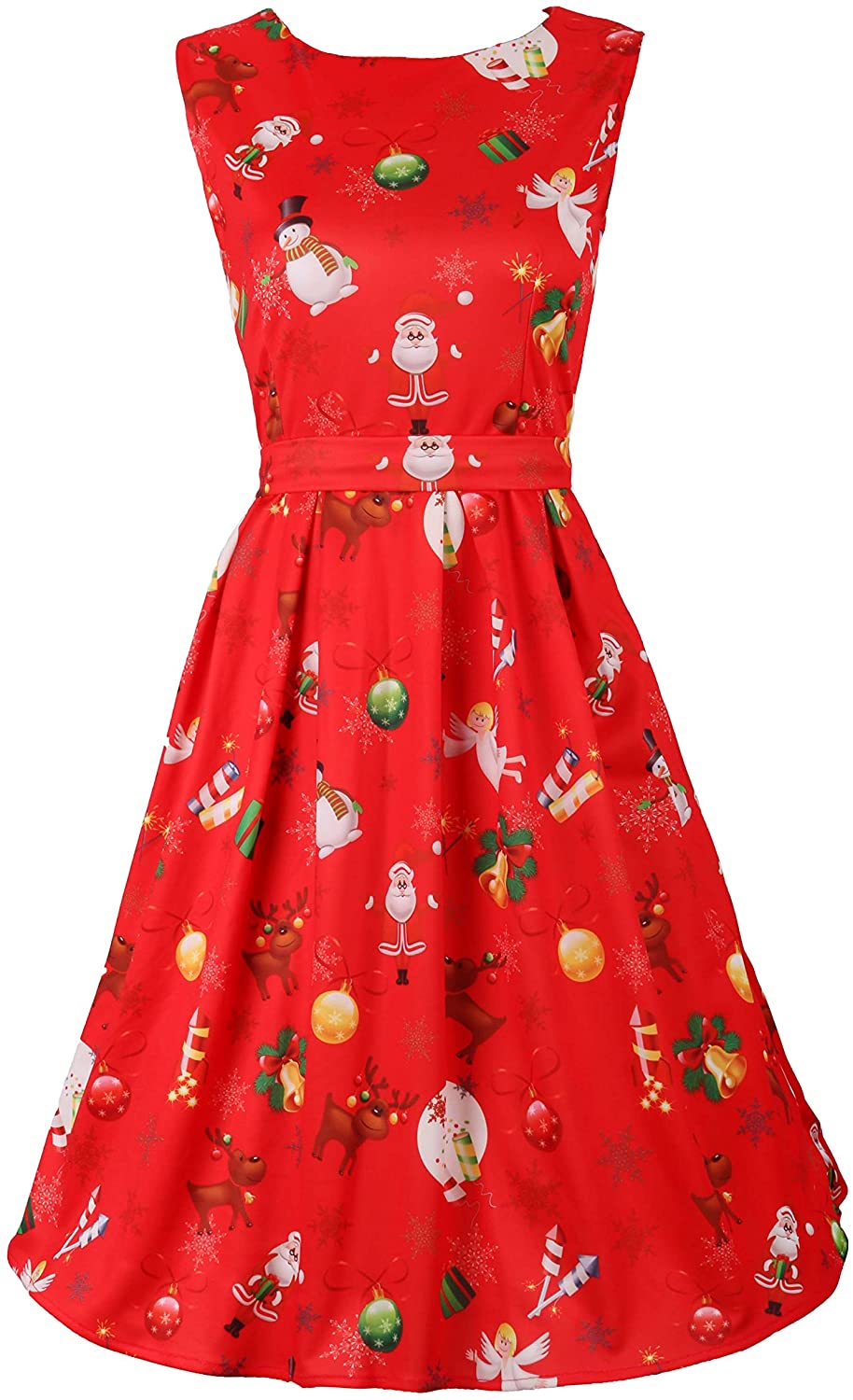 Price:$20.99 DREAGAL Women Sleeveless Fit and Flare Christmas Party Cocktail Dress with Belt at Amazon Women’s Clothing store