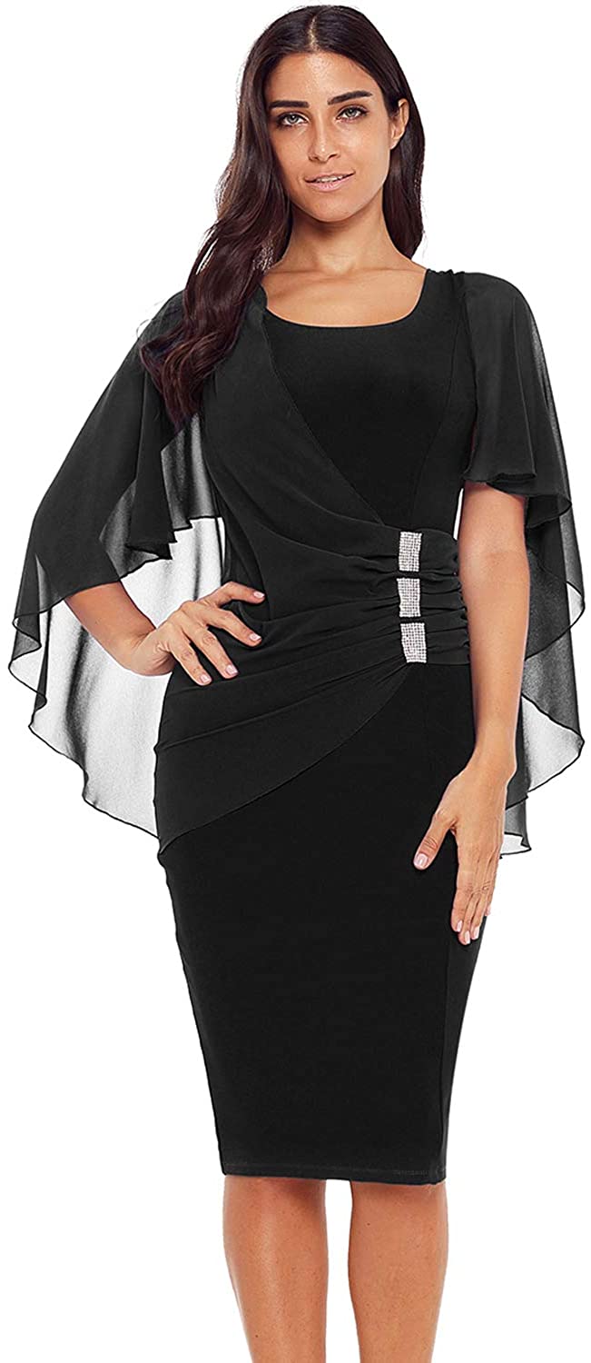 Price:$28.88 FUSENFENG Womens Plus Size Chiffon Cape Sleeve Bodycon Party Pencil Midi Dress S-XXXL (Black, XL) at Amazon Women’s Clothing store