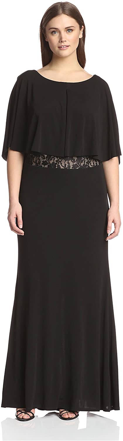 Price:$204.25    A.B.S. by Allen Schwartz Women's Cape Sleeve Lace Waist Gown, Black, 3X  Clothing