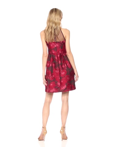 Price:$156.34    Maggy London Women's Poppy Jacquard Fit and Flare with Mesh Illusion Yoke, Black/Rose, 6  Clothing