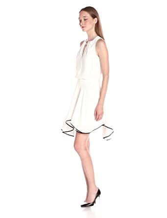 Price:$232.02    Halston Heritage Women's Sleeveless Round Neck Colorblocked Flounce Skirt Dress  Clothing