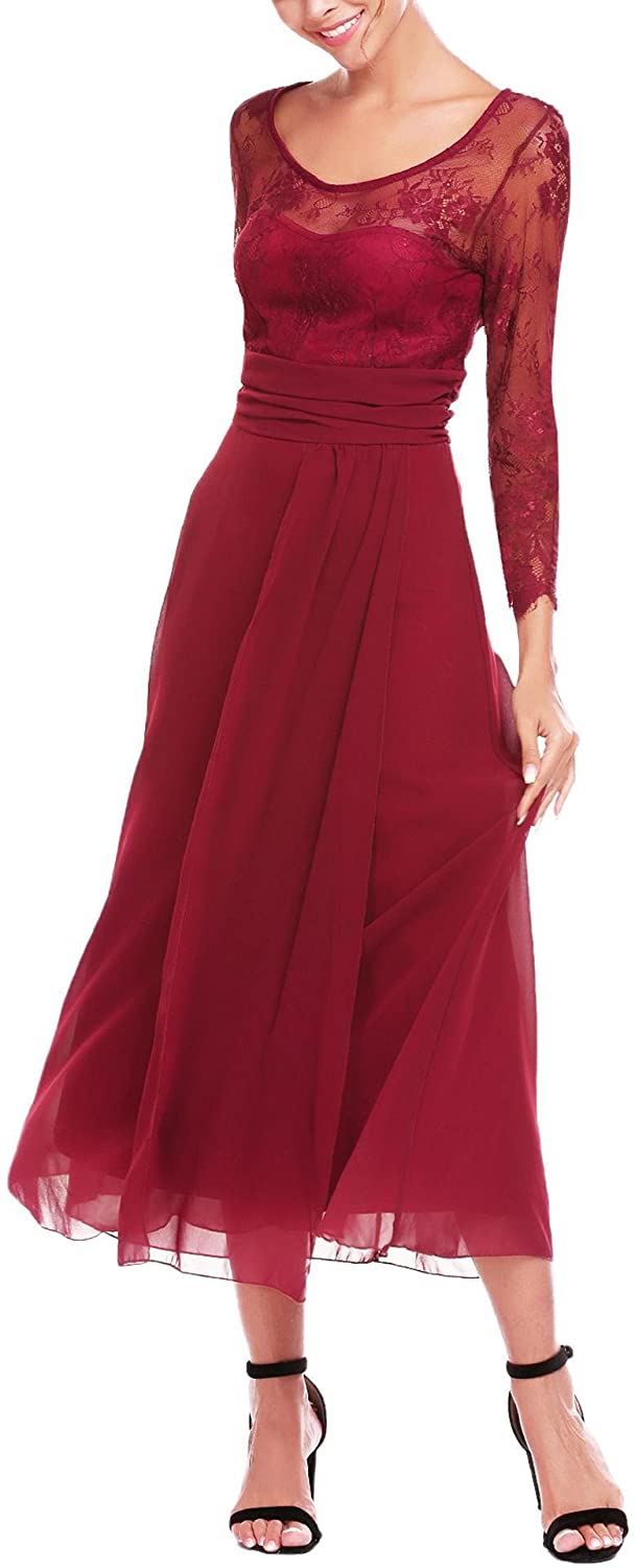 Price:$12.99    ANGVNS Women's Chiffon Scoop Neck Floral Lace Empire Waist Cocktail Party Dress  Clothing
