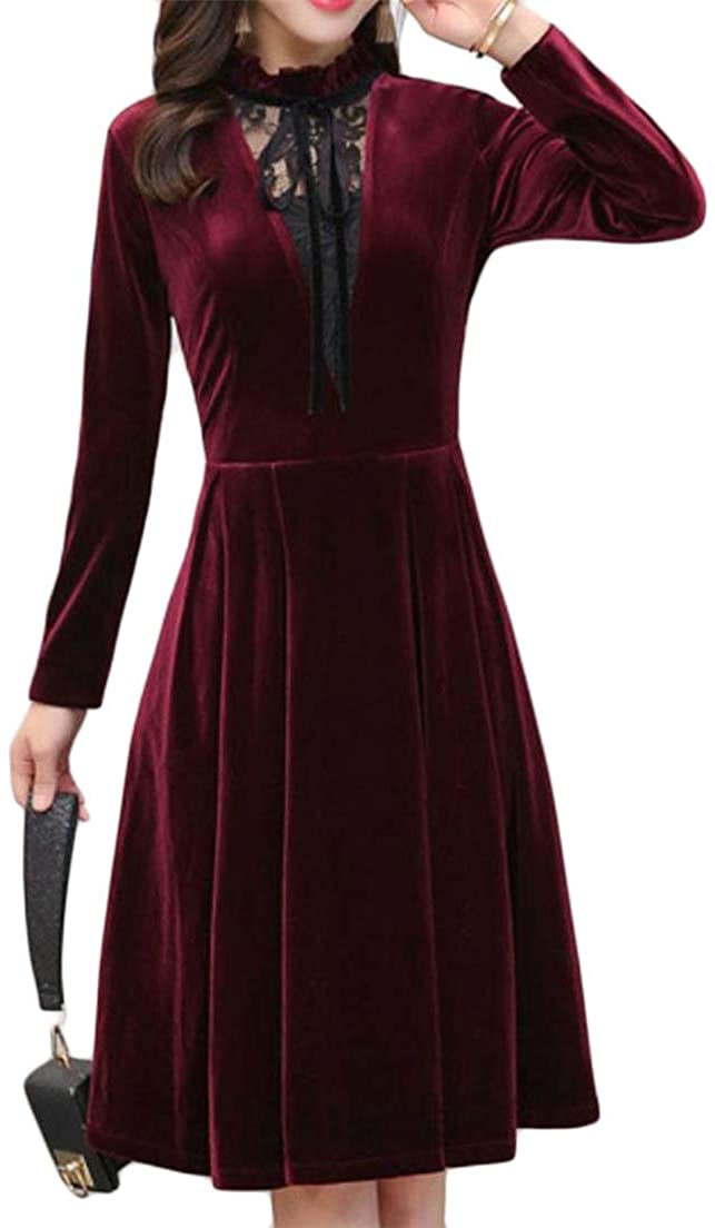 Price:$31.53    Sweatwater Women Flare Elegant Falbala Velour Mid Length Lace Stitching Solid Color Long Sleeve Dress Wine Red XXS  Clothing