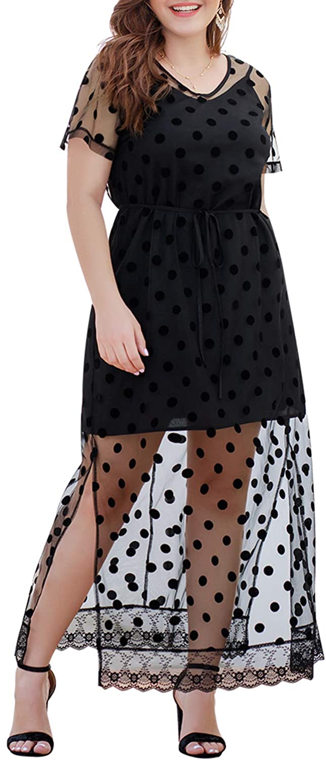 Price:$23.99    Roseinthebox Women’s Sheer Polka Dot Mesh Beach Party Plus Size Dress with Cami Dress Short Sleeves Tulle Dress  Clothing
