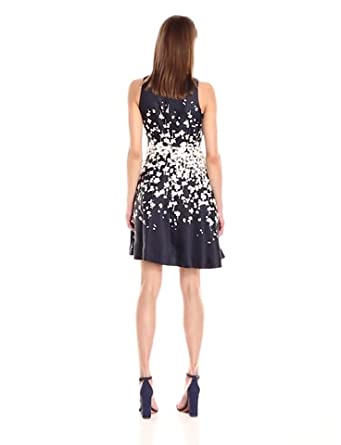 Price:$88.85    Donna Morgan Women's Fit & Flare Poly Twill Dress W/Short Sleeves, Marine Navy/Whitecap Grey, 10  Clothing