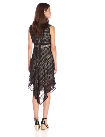Price:$59.99    London Times Women's Sleeveless Midi Lace Fit & Flare Dress w. Asymetrical Hem  Clothing