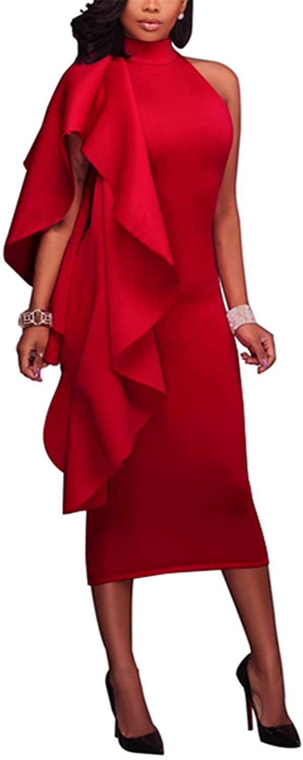 Price:$21.66 Allonly Women's Elegant Ruffle Sleeveless Stand Collar Wrapped High Waist Bodycon Party Cocktail Evening Dress at Amazon Women’s Clothing store