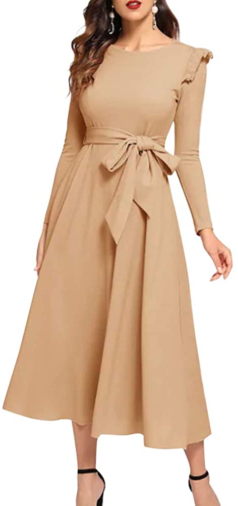 Price:$32.99 Women's Elegant Ruffle Trim Dress - Formal Round Neck Long Sleeve Loose Swing Party Midi Dress at Amazon Women’s Clothing store
