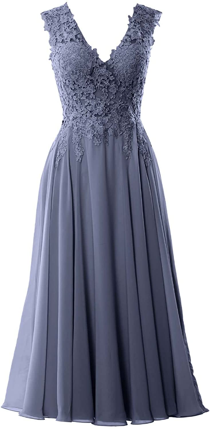 Price:$109.00    MACloth Women V Neck Lace Mother Bride Dresses Midi Tea Length Wedding Dinner  Clothing