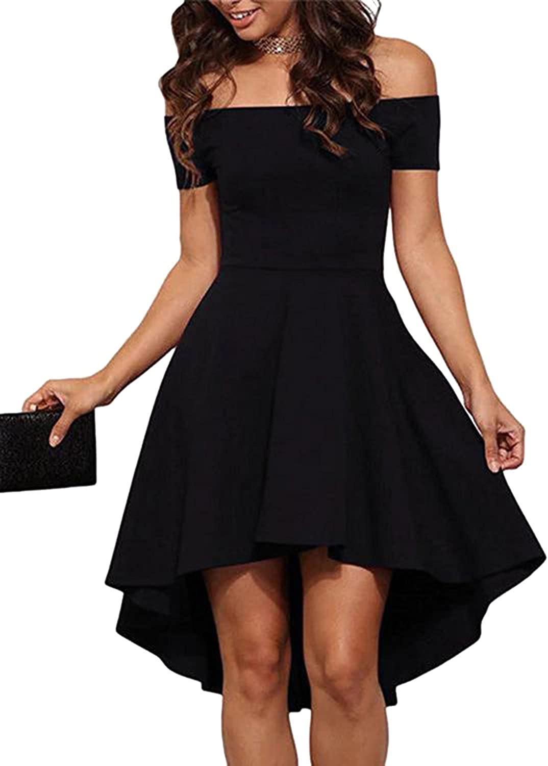 Price:$13.99 YOINS Summer Dresses for Women Off Shoulder Short Sleeve Plain Skater Formal Party Cocktail Dress at Amazon Women’s Clothing store