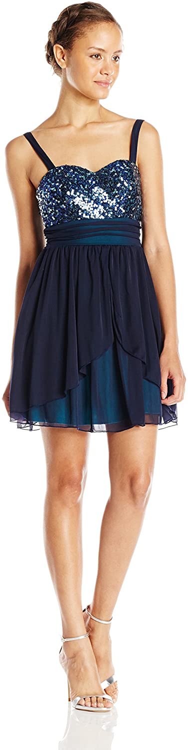 Price:$65.62    Speechless Junior's Sequin Bust Layered Short Prom Dress, Midnight, 5  Clothing