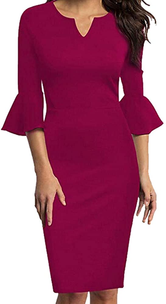 Price:$3.25 Women Elegant Solid Ruffle 1/2 Sleeve V-Neck Office Work Slim Fit Business Cocktail Midi Pencil Dress at Amazon Women’s Clothing store