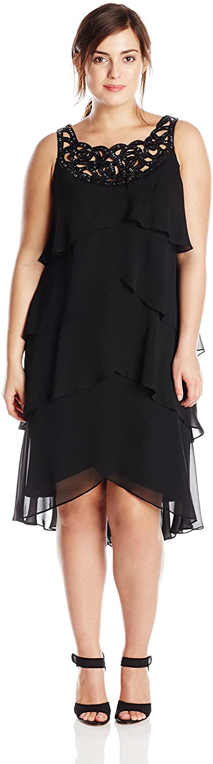 Price:$100.75 S.L. Fashions Women's Plus-Size Beaded Neck Tiered Dress at Amazon Women’s Clothing store