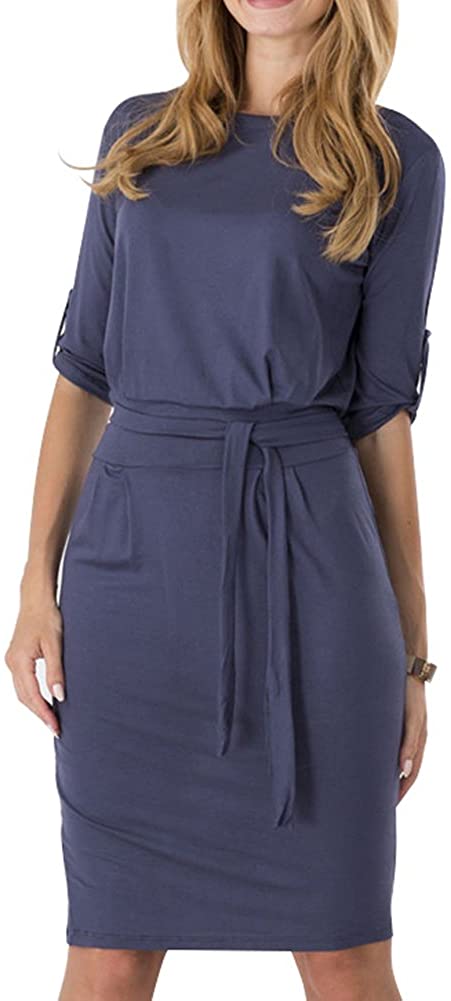 Price:$17.99 Tueenhuge Women 3/4 Sleeve Knee Length Pencil Dress Loose Frock Dress at Amazon Women’s Clothing store