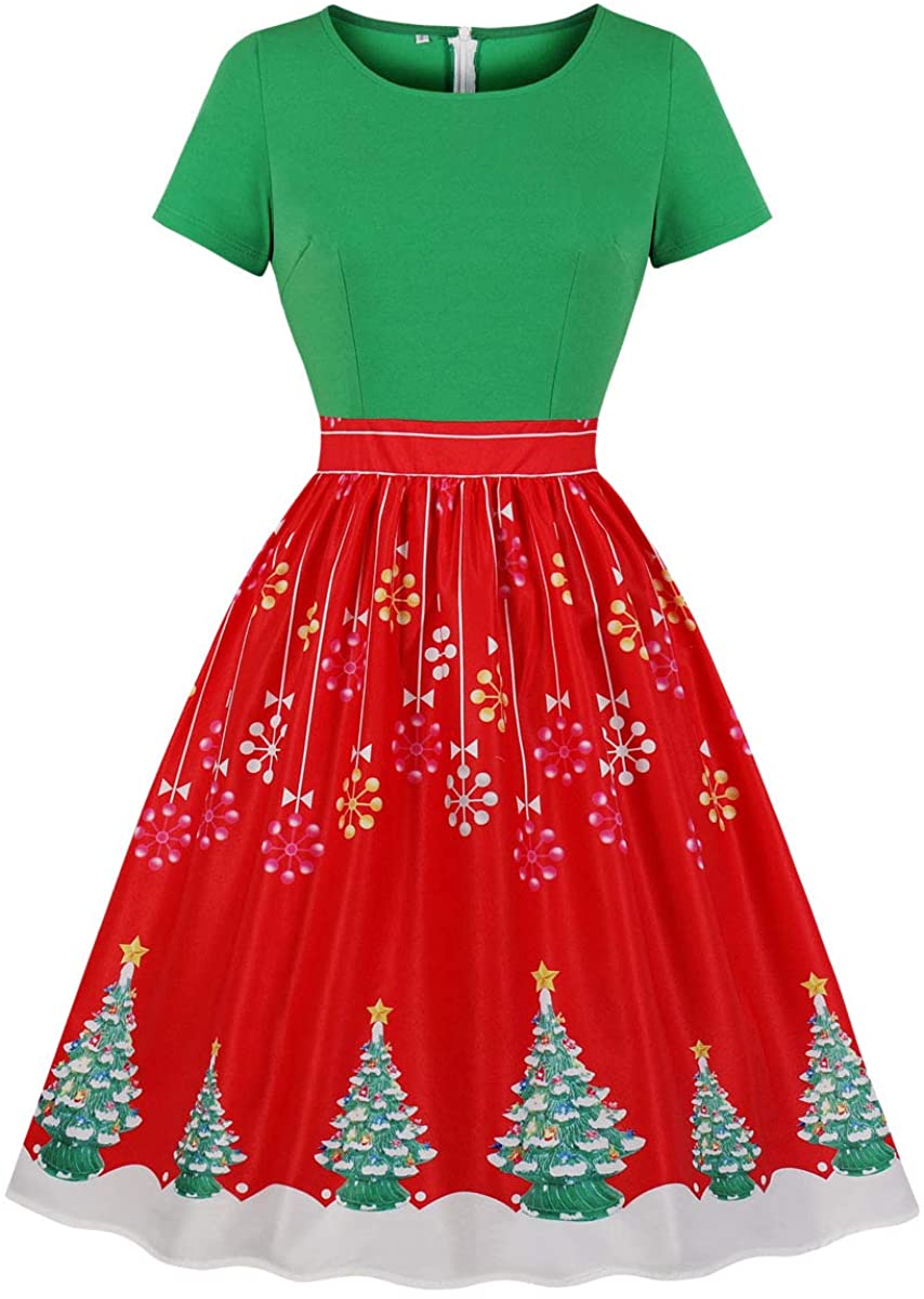 Price:$12.99 Wellwits Women's Red and Green Snowflake Xmas Tree Vintage Christmas Dress at Amazon Women’s Clothing store